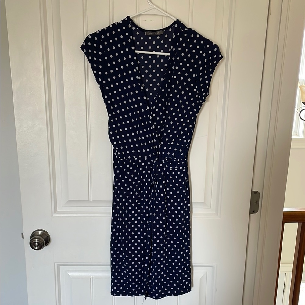Suzy Shier Navy and White Polka Dot Midi Dress